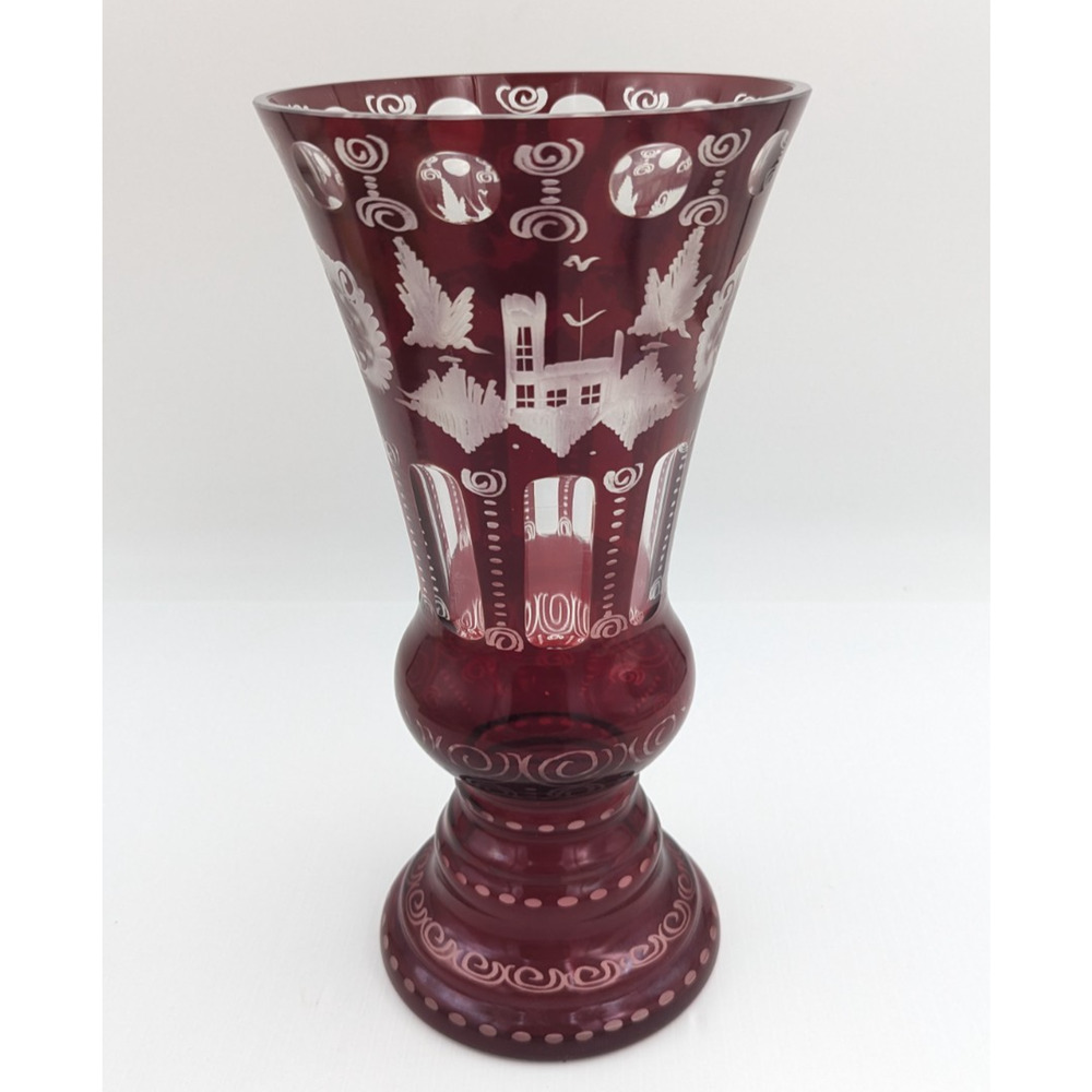 Bohemian Egermann Ruby Red Etched Cut To Clear Crystal Vase Large 12”